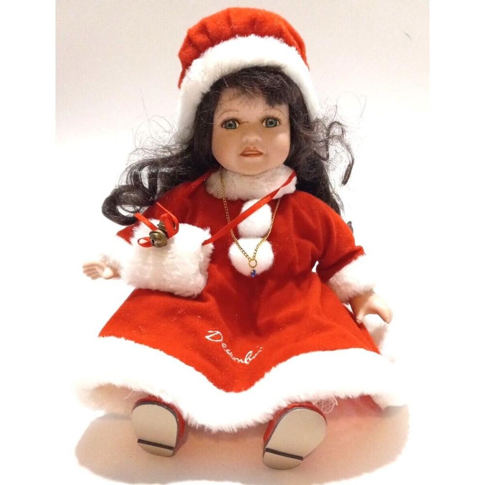 Porcelain Doll Red Dress December Birthday Hat Faux Fur Muff Brunette Blue Eyes